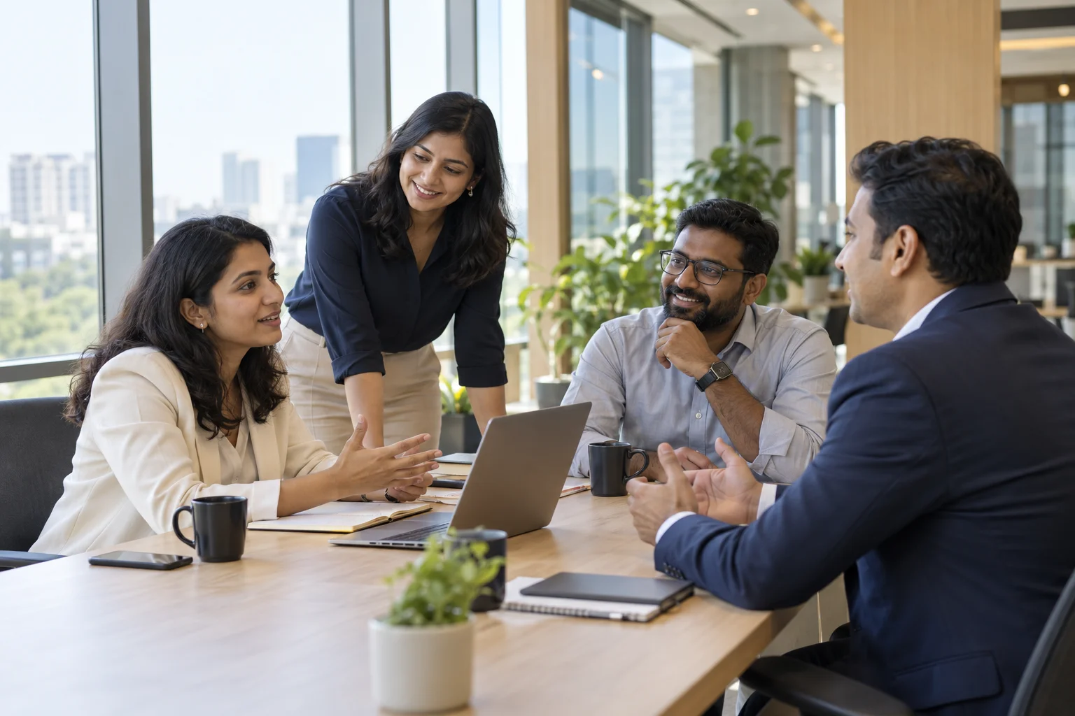 Illustrative scene of Indian professionals discussing a role in a bright modern office